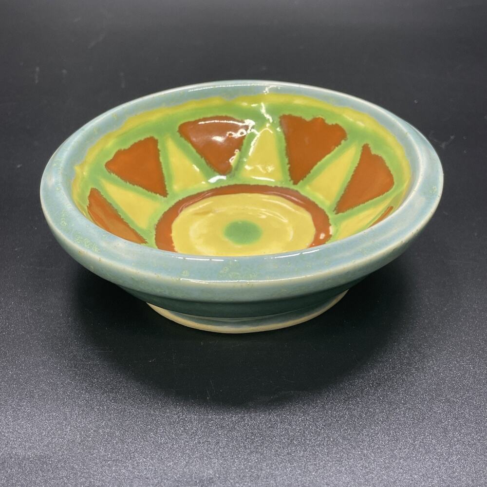 California Modern Studio Craft Glazed Geometric Sun‎ Bowl Artisan Signed Yellow